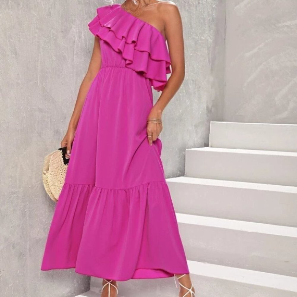 Pink Ruffled Detailed One Shoulder Maxi Dress - Picture 4 of 5